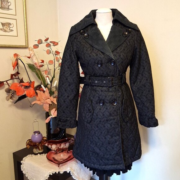 NWT I.AM.GIA Classic Double-Breasted Dark Gray Black Floral Lined Trench Coat - Picture 1 of 15
